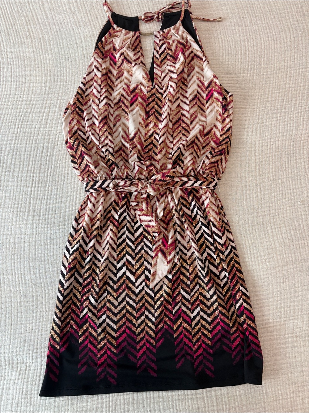 WHBM Sleeveless Chevron Print Halter Dress in Black, Pink & Cream